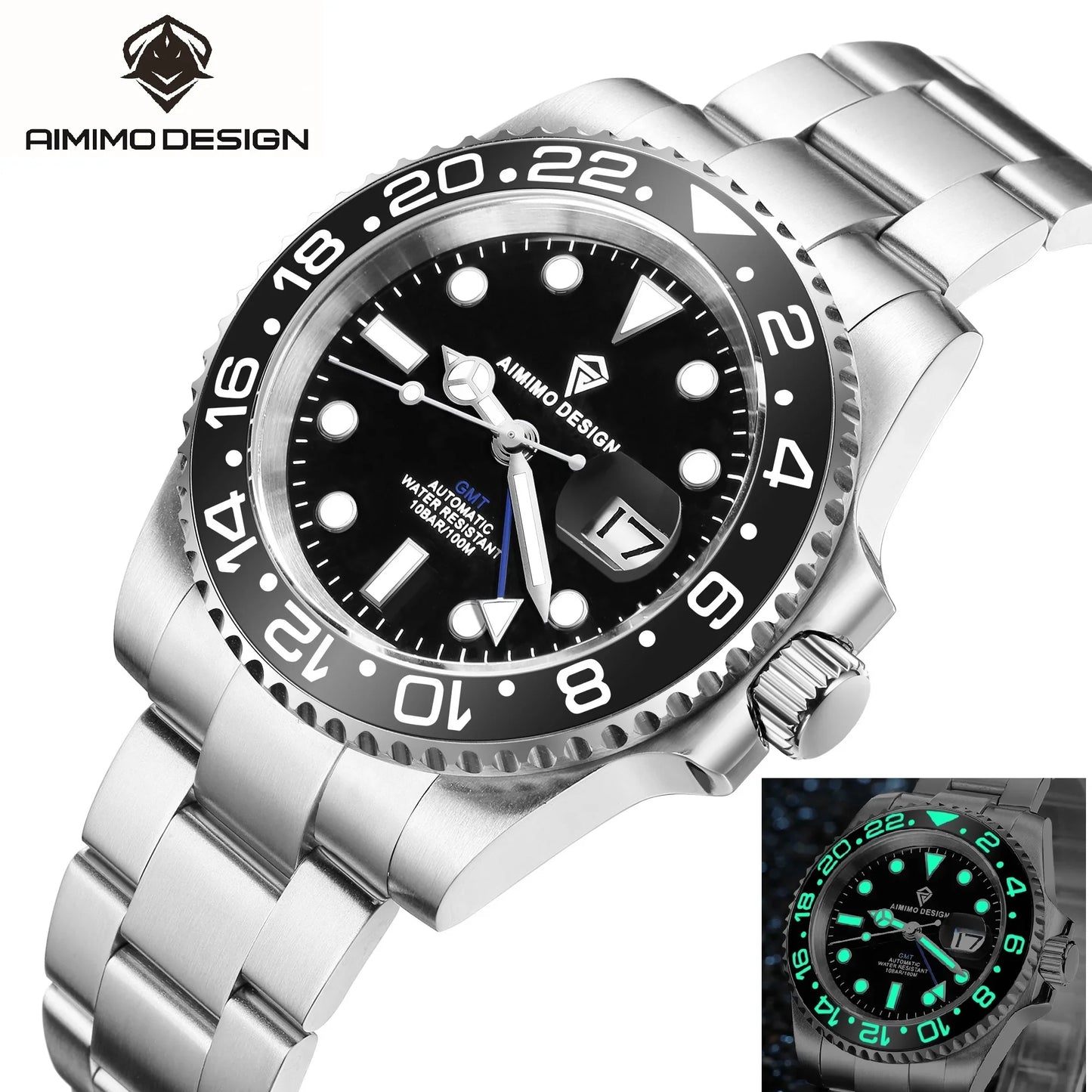 AIMIMO DESIGN AD8169 GMT Watch Automatic Watches Men 40MM C3 Luminous Ceramic Bezel Men`s Watch Sapphire 10ATM DG5833 Movt Clock